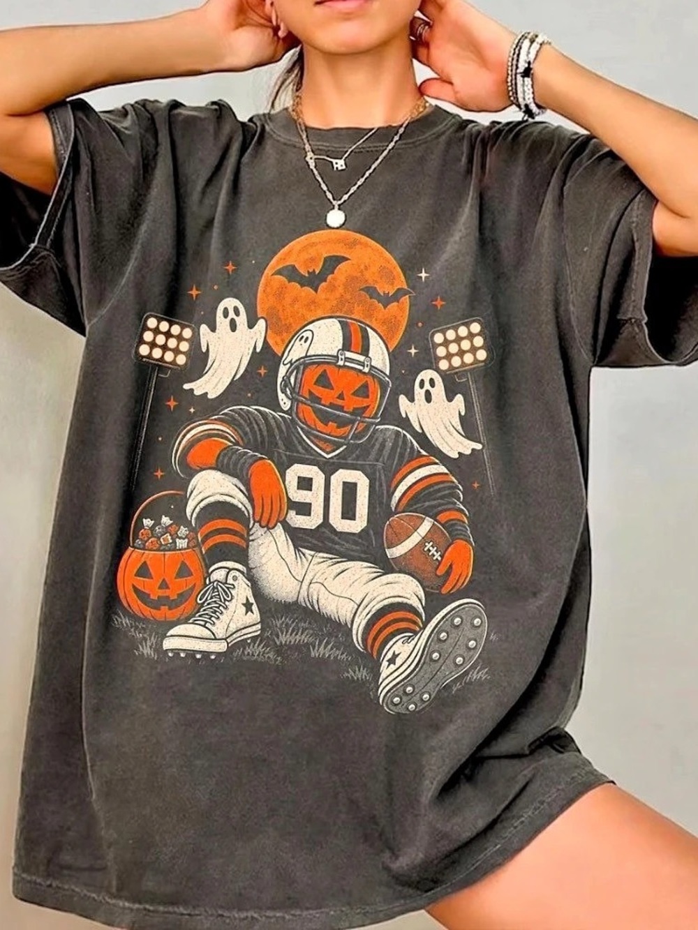 Comfort Colors Football Pumpkin Ghost Halloween 90 Moon T-Shirt
